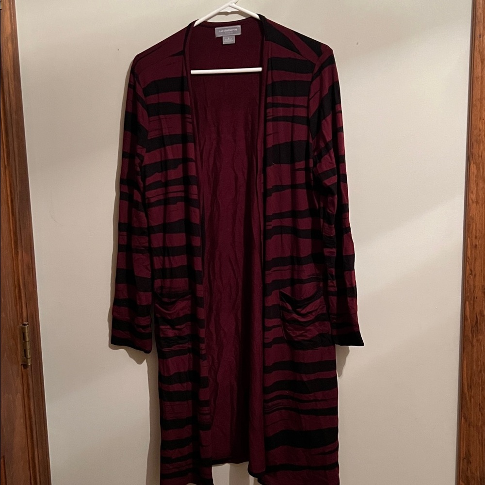 Liz Claiborne Studio L Burgundy Black Tiger Striped Duster Classic Chic
